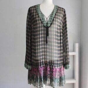 Bisou Bisou Black Boho Sheer Tassel Pleated Flared Sleeves Tunic Blouse sz Large